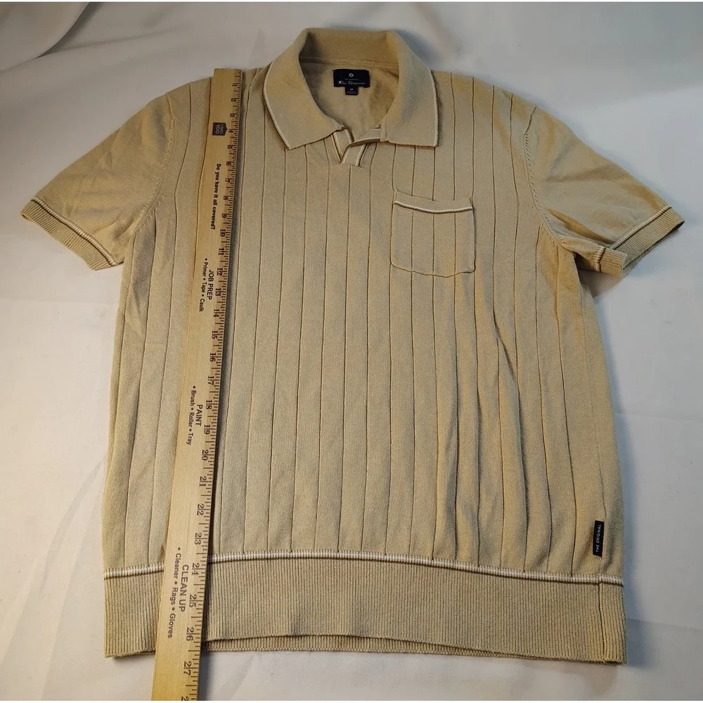 Ben Sherman Mens Tan Ribbed Knit Short Sleeve Polo Shirt V-Neck Size M Striped - Picture 7 of 9